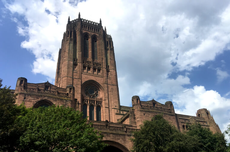 Looking up at the Anglican Cathedral from its sunken garden